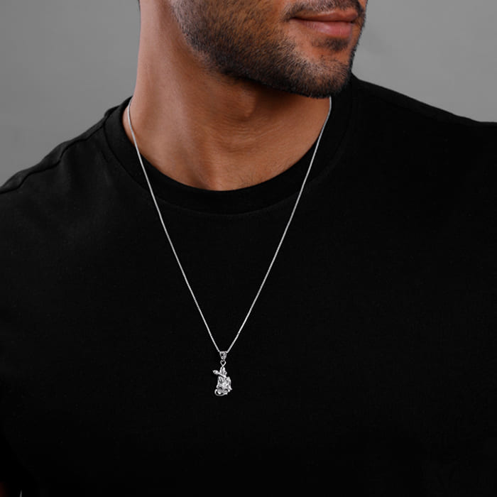 Silver Hanuman Pendant With Box Chain For Him